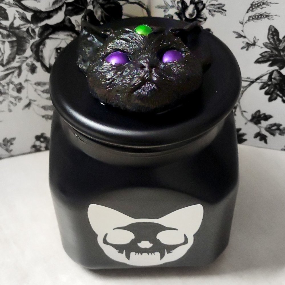 3-Eyed Black *CLAIRVOYANT CAT* Skull Glass Storage Cookie/Candy Jar | Goth Decor